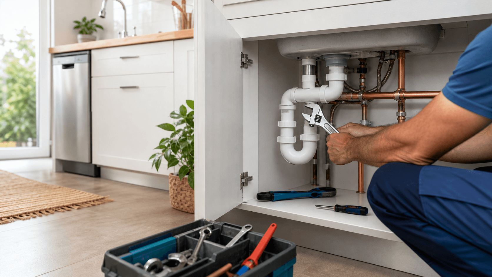 Encanador profissional inspecionando tubulação residencial